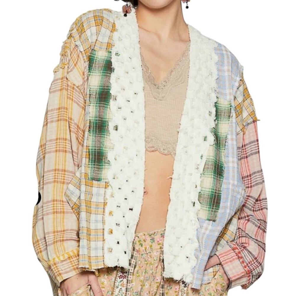 POL Patchwork Multicolor Plaid Open Front Shacket Womens M Cottagecore Trendy